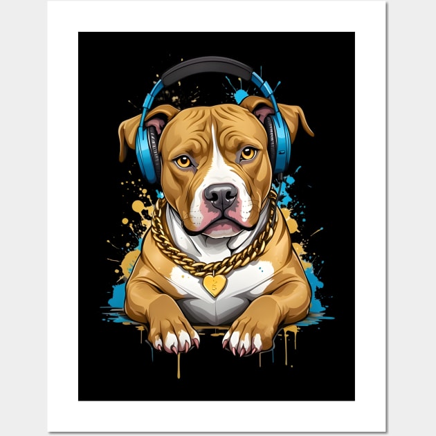 Funny Pitbull With Headphones Color Splash Design Wall Art by TF Brands